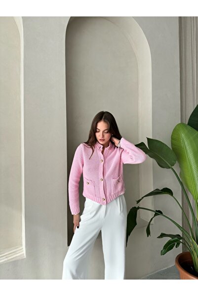 Laluvia Pink Candy Metal Buttoned Knitted Cardigan with Pockets-4393