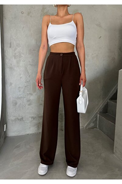 Laluvia Coffee Buttoned Pleated Detailed Palazzo Trousers