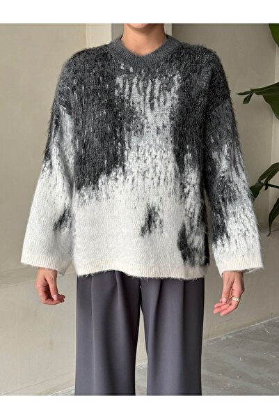 Laluvia Antracitový dvoubarevný vyvýšený svetr- 241158