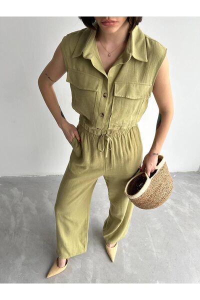 Laluvia Khaki 100% pamut elasztikus mellény-nadrág vászon szett