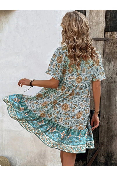 etol textile Rochie de damă cu mânecă scurtă, cu șireturi, cu nasturi în față, cu model cu volane