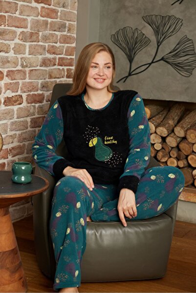 pijamacity KADIN BATTAL BEDEN BİSİKLET YAKA POLAR PİJAMA TAKIMI