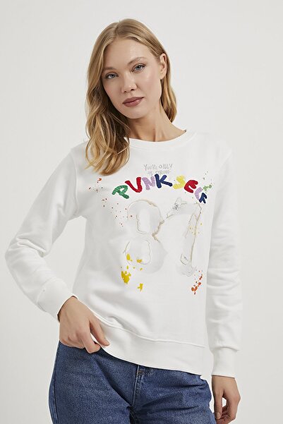 Arma Life Women's Colorful Embroidery Crew Neck White Sweatshirt
