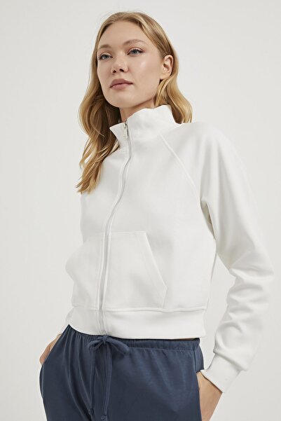 Arma Life Women's Zippered Pocket Stand Collar White Short Sweatshirt