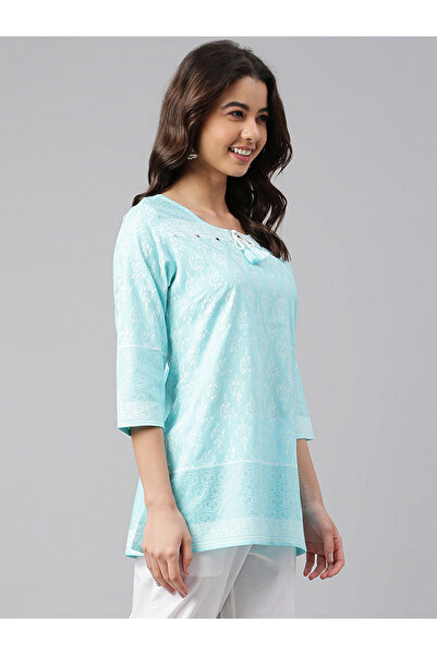 IndHeritage Turquoise cotton top with ethnic prints perfect for office / casual wear