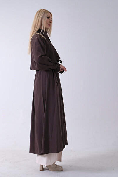 Feminist Belden Bağlama Detaylı Yandan Cepli Uzun Trenç Kahve 422237