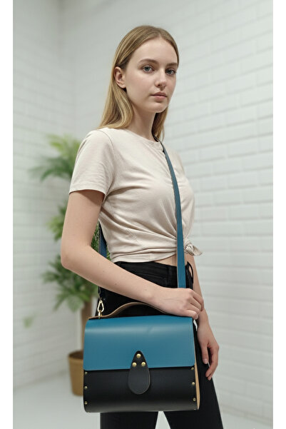 MARSEDO حذاء نسائي ذو حواف خشبية من الجلد الطبيعي باللون الفيروزي والأسود