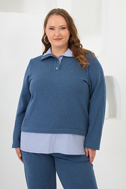 RMG Gömlek Görünümlü Büyük Beden Sweat Mavi