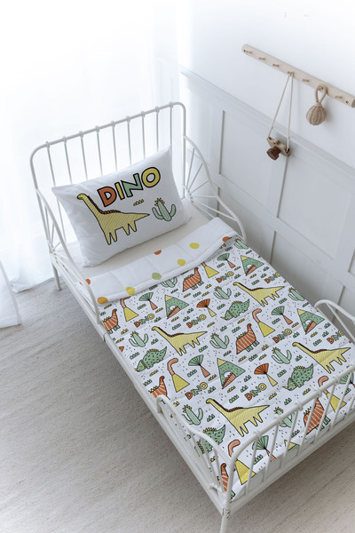 Tuğba Kuğu Organic Printed Montessori (100X200) Quilt Set - Pure Baby Series - Dino and Cacti