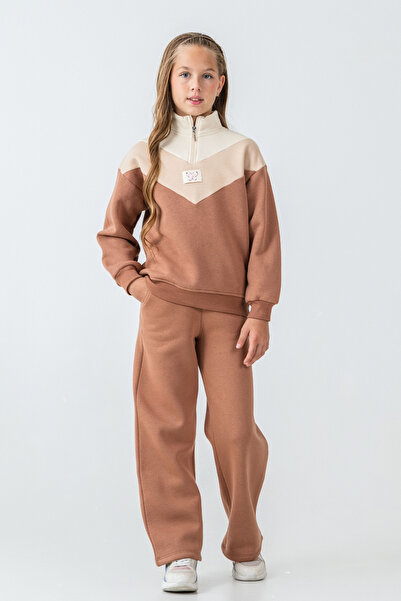 AHENGİM Σετ χειμερινής φόρμας για κορίτσια με λεπτομέρεια πεταλούδας με μισό φερμουάρ 3 κλωστών Ak4233