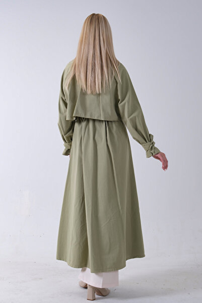 Feminist Belden Bağlama Detaylı Yandan Cepli Uzun Trenç Yeşil 422237