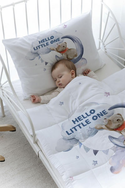 Tuğba Kuğu Organic Printed Baby (100X150) Quilt Set - Pure Baby Series - Bear Reaching for the Moon