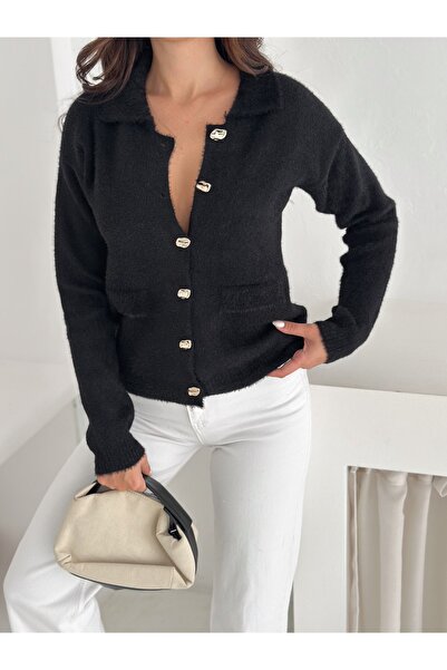 b buhari bykoc Soft Textured Polo Neck Stylish Button Detail Knitwear Cardigan