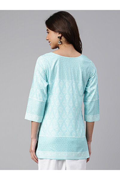 IndHeritage Turquoise cotton top with ethnic prints perfect for office / casual wear