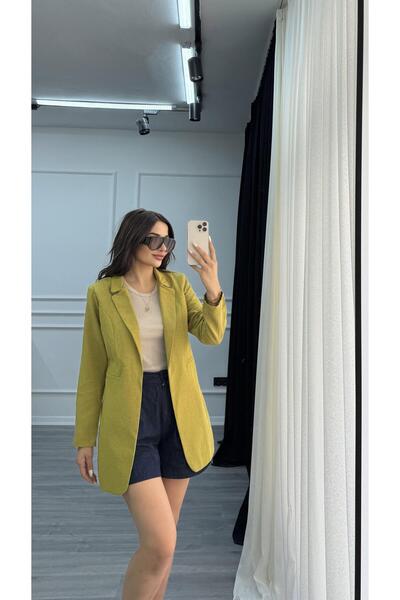 Daves Yağ Yeşili Düğmesiz Keten Blazer Ceket