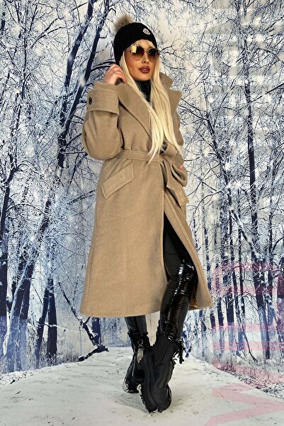 WildFashion Μακρύ, κομψό παλτό με κορδόνι στη μέση σε μπεζ χρώμα H733-15