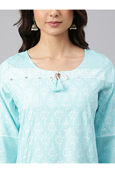 IndHeritage Turquoise cotton top with ethnic prints perfect for office / casual wear