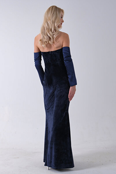 Feminist Drapeli Takma Kol Detaylı Kadife Abiye Lacivert 0801068