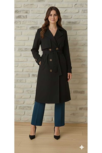 MİSMOLY Bondit Kumaş Kuşaklı Düğmeli Cepli Kadın Trençkot
