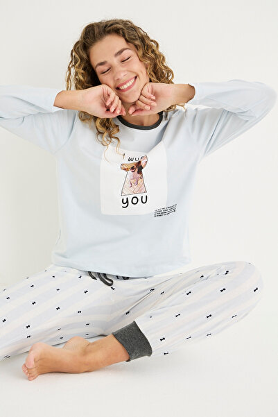 İPEKTENİM Biye Detaylı Sevimli Hayvan Baskılı Manşetli Çizgili Pijama Takımı