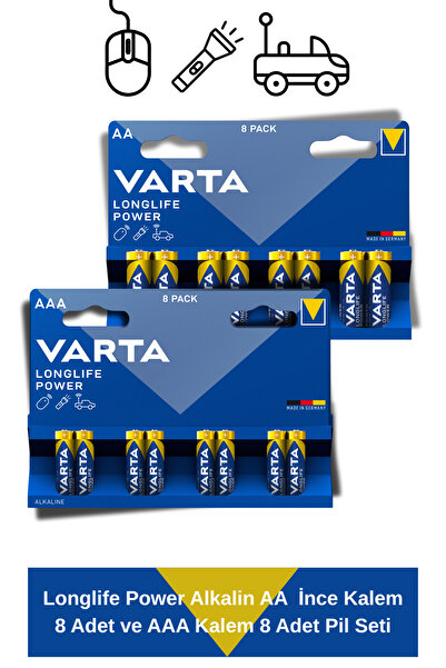 Varta Longlife Power Alkalin AA Kalem 8 Adet ve AAA İnce Kalem 8 Adet Pil Seti