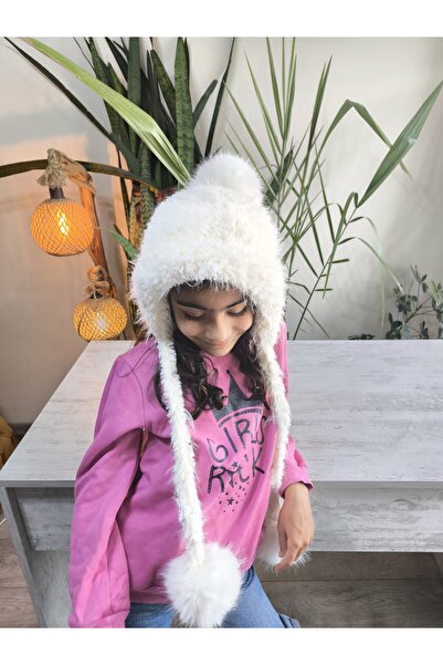 Şimo Butik Girl's Long Pompom Ear-Covering Beanie Plush Puff Soft White