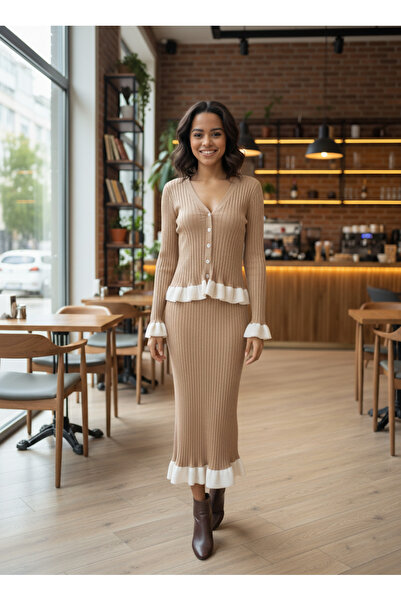 TrendParis Ribbed Ruffle Detailed Skirt Blouse Knitwear Set