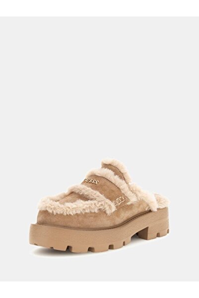 Guess Women's Yaneta Fur Lined Suede Thick Soled Sabo Slippers - Natural