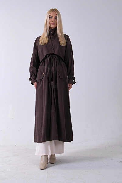 Feminist Belden Bağlama Detaylı Yandan Cepli Uzun Trenç Kahve 422237