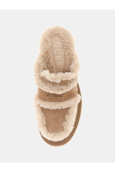 Guess Women's Yaneta Fur Lined Suede Thick Soled Sabo Slippers - Natural