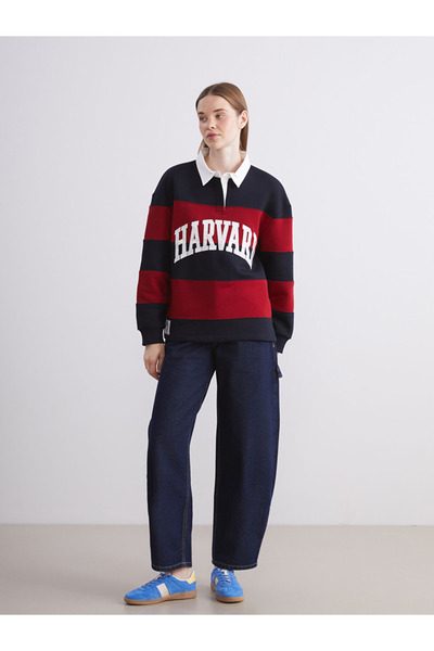 LC Waikiki winter collection Polo Yaka Çizgi desenli Oversize Kadın Kalın Sweatshirt city