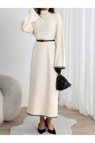 MARLİNG Fitilli Triko Krem Elbise