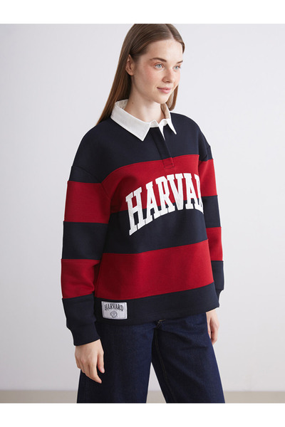 LC Waikiki winter collection Polo Yaka Çizgi desenli Oversize Kadın Kalın Sweatshirt city