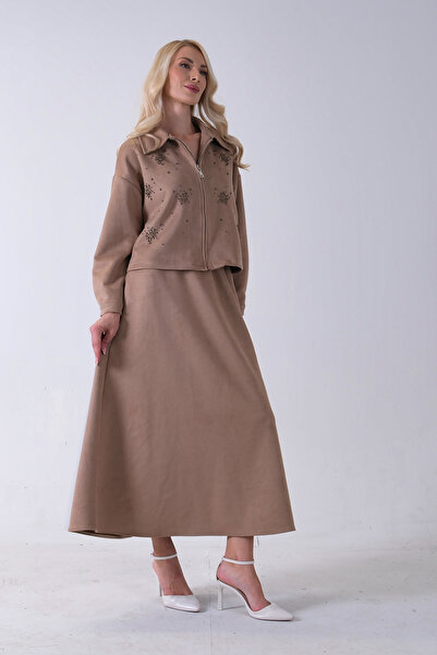 Feminist Ceket Fermuar Kapamalı Üzeri Taş Detaylı Etekli Kadife Takım Sütlü Kahve 4577264