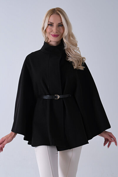 Feminist Hakim Yaka Tek Düğmeli Kemerli Panço Siyah 31050725