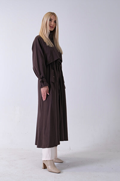 Feminist Belden Bağlama Detaylı Yandan Cepli Uzun Trenç Kahve 422237