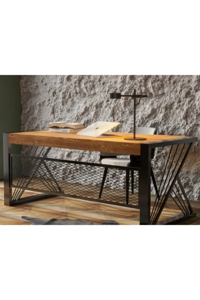 raweyn Masif Ahşap Ofis Bilgisayar Masası 220*85*76 cm-Siyah Metal Ayak- Game Desk