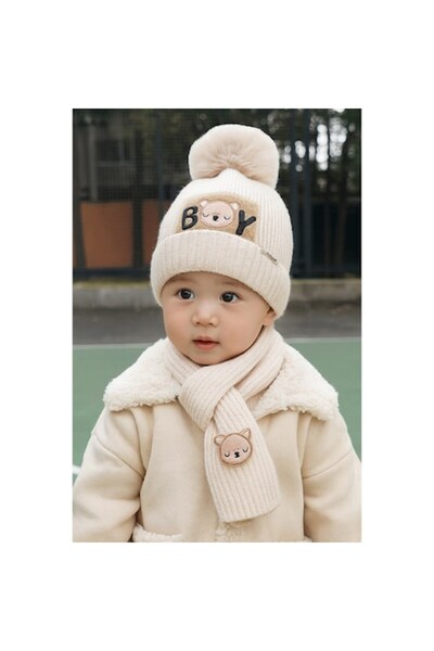 PriStyle Set căciulă și eșarfă pentru copii, tricotate gros, model ursuleț, c...
