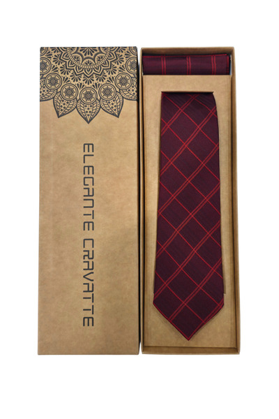 Elegante Cravatte Plaid Pattern Burgundy Color Tie - Special Boxed