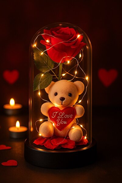 Deco Elit LED Işıklı Mika Fanus İçinde Gül ve Lüx Peluş Ayıcık – 20 cm Sevgil...