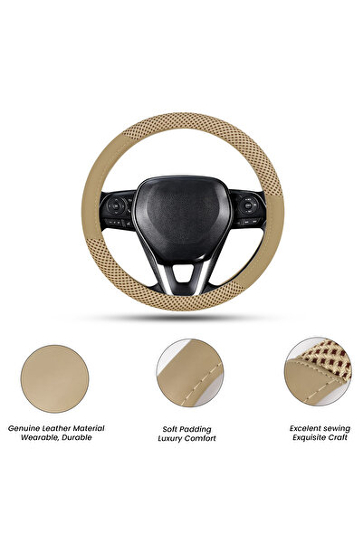 Generic Universal Steering Wheel Cover Model 71901 - Genuine Leather, Four-Season Comfort & Protection beige