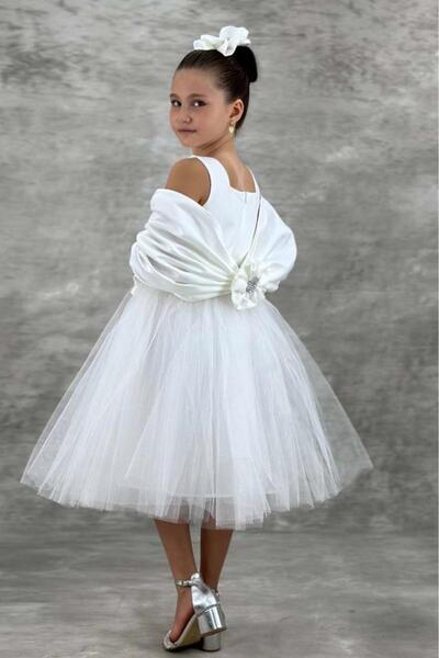 Riccotarz Girl's Square Neck Zero Sleeve Skirt Tulle Fluffy Satin Oversleeve Detailed White Evening Dress
