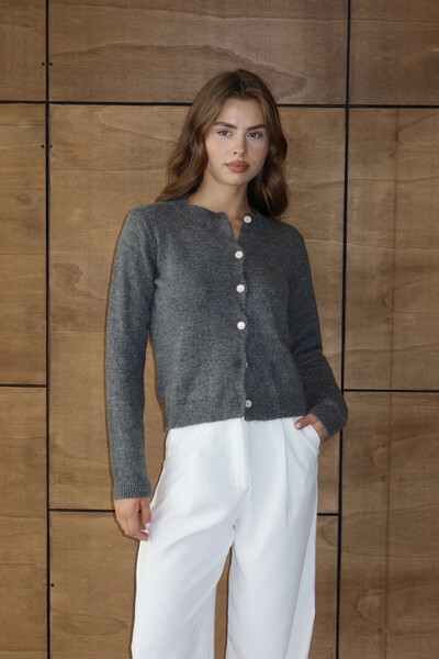 Park Karon Women's Anthracite Pearl Button Detailed Soft Textured Crew Neck Knitwear Cardigan