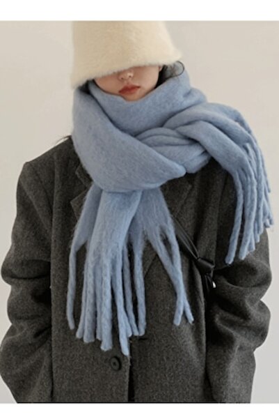 PriStyle Eșarfă din material moale și călduros cu franjuri elegante, albastru deschis,