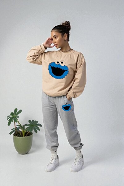 Wish BF oversized Blue Monster με τύπωμα με κουκούλα Σετ φόρμας χειμερινό Βαμ...