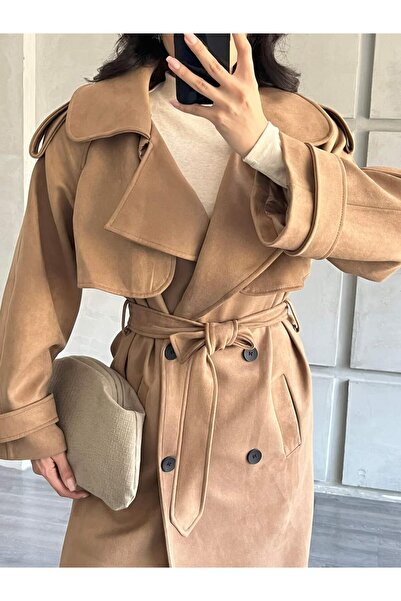 Coral Apoletli Süet Trençkot 407013 Taba