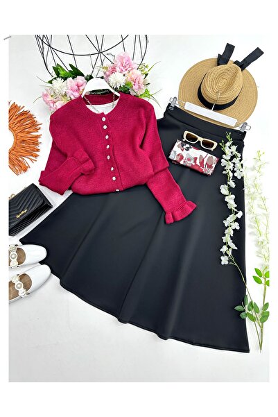YEDİLALE Flower Buttoned Cardigan Creepe Skirt Double Set [Cardigan Std, Skirt Size]