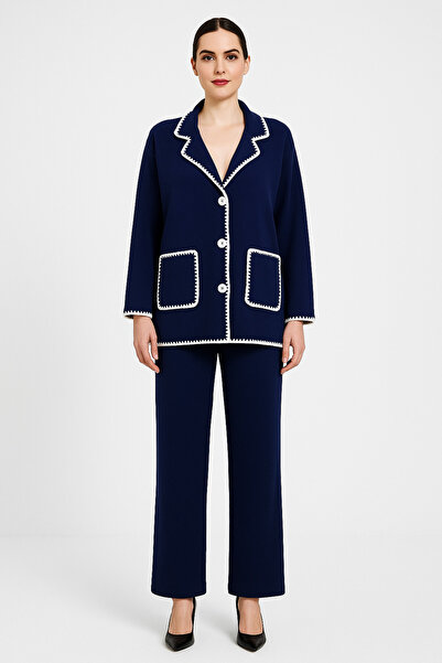 Nuevo طقم نسائي باللون الأزرق الداكن – طقم مكون من سترة وبنطلون، تصميم أنيق و...