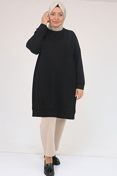 Eslina 58151 Plus Size Modal Tunic with Self-Ribbed Sleeves and Hem - Black