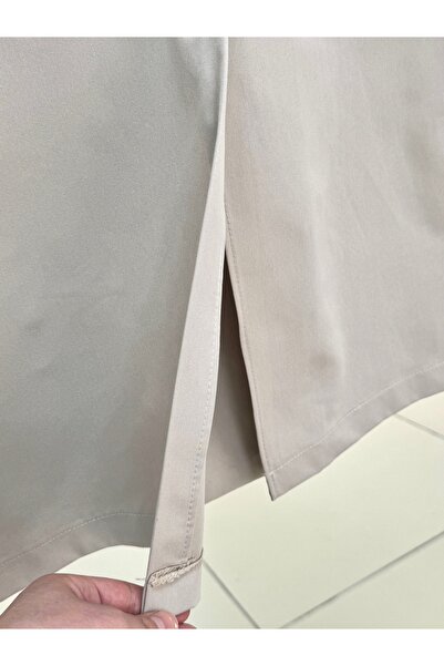 BENAHOLL Camique Kol Ucu Lastikli ve Kemerli Çift Cepli Trençkot-KT1235 Taş